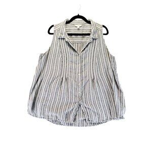 Terra & Sky Top Womens 1X Gray Striped Sleeveless Button Down Linen Blend